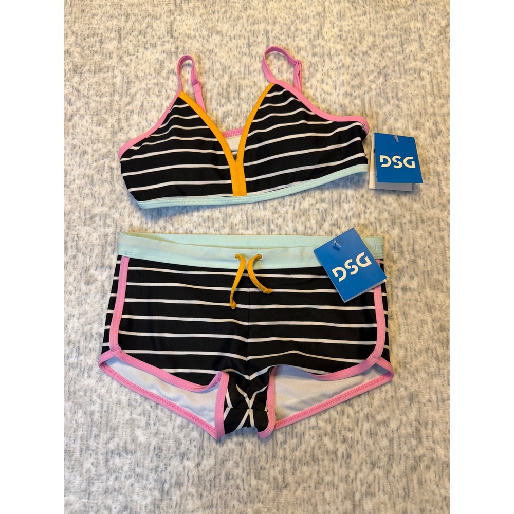 DSG‎ Girls Dolphin Hem Swimsuit Bikini Top & Bottoms Black White Stripe M NWT